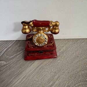 Vintage Style Ceramic Red and Gold Telephone Keepsake Box with Two Trinkets